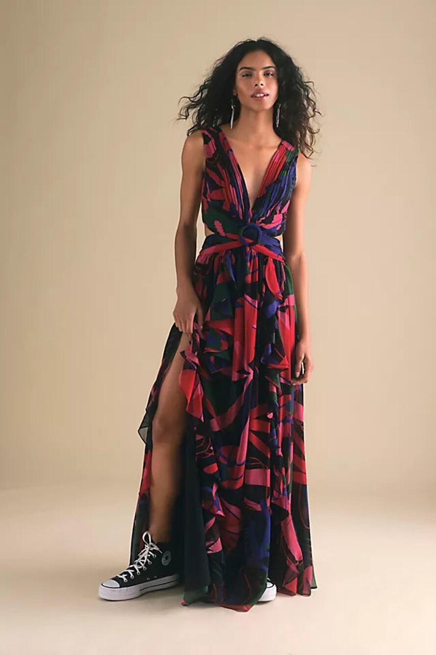 PatBo Rio Floral Print V-Neck Cutout Maxi Chiffon Dress Black Pink Womens Size 4